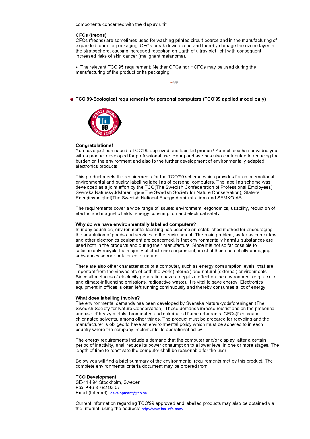 Samsung DI17PSQRV/EDC, DI17PSQJV/EDC manual CFCs freons, Why do we have environmentally labelled computers?, TCO Development 