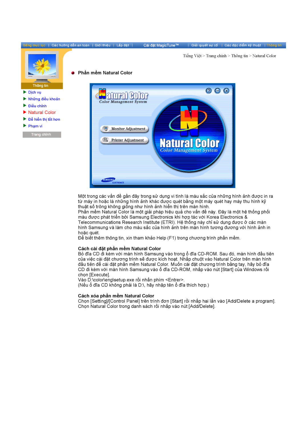 Samsung DI17PSQAQ/VNT manual Phần mềm Natural Color, Cách cài đặt phần mềm Natural Color, Cách xóa phần mềm Natural Color 