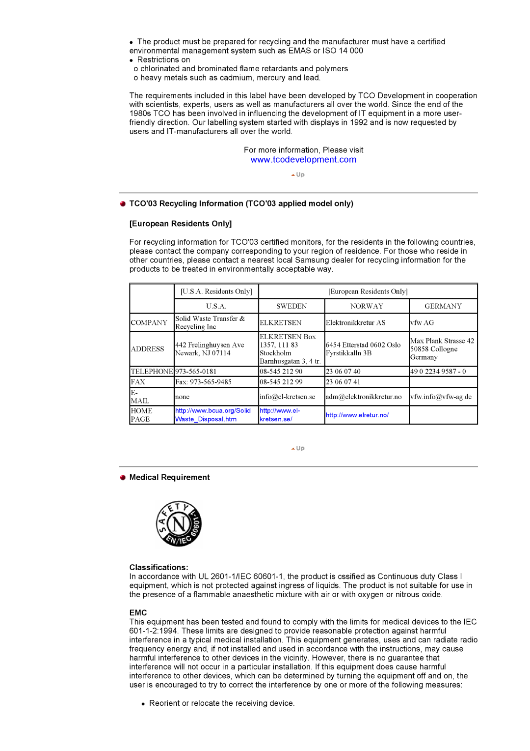 Samsung DI17PSQJV/EDC, DI17PSQRV/EDC, DI17PSQFV/EDC, DI19PSQAQ/EDC manual Medical Requirement Classifications, Elkretsen 