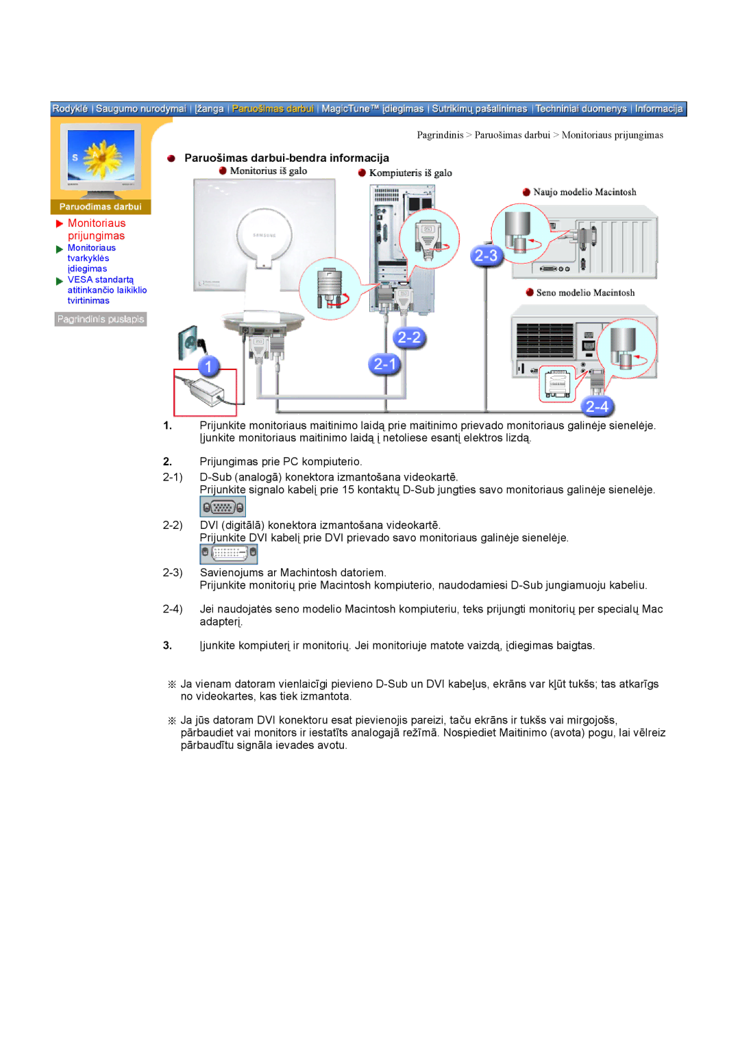 Samsung DI19PSQAQ/EDC, DI17PSQRV/EDC, DI17PSQJV/EDC manual Paruošimas darbui-bendra informacija, Monitoriaus prijungimas 