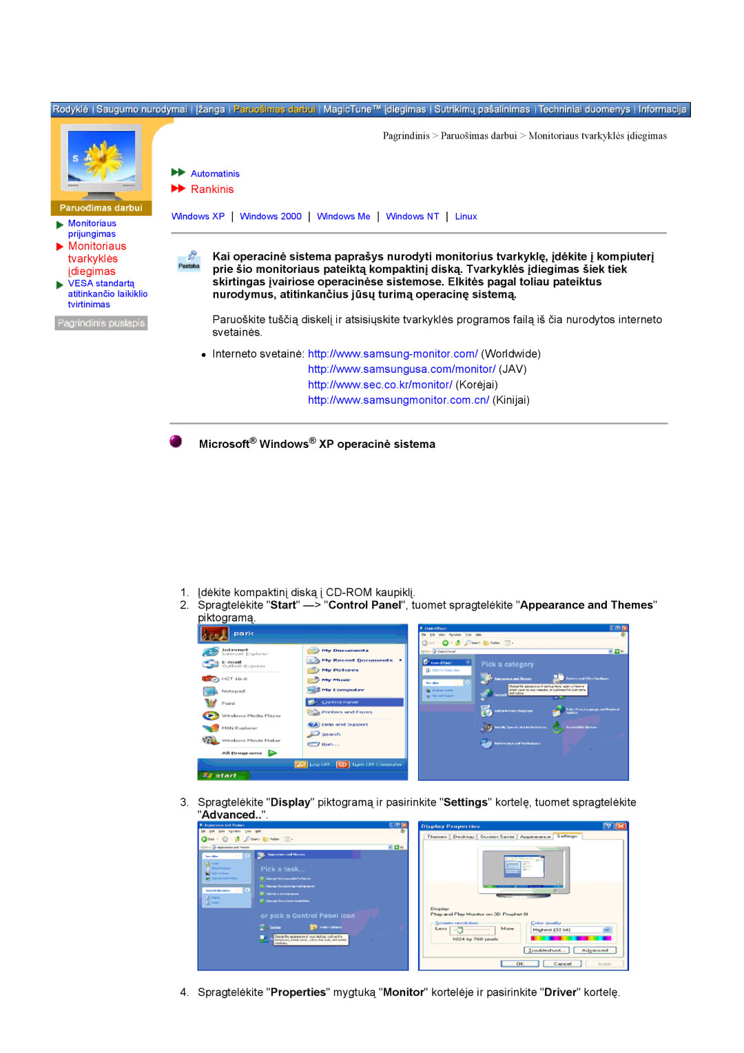 Samsung DI17PSQJV/EDC, DI17PSQRV/EDC, DI17PSQFV/EDC, DI19PSQAQ/EDC manual Rankinis, Microsoft Windows XP operacinė sistema 