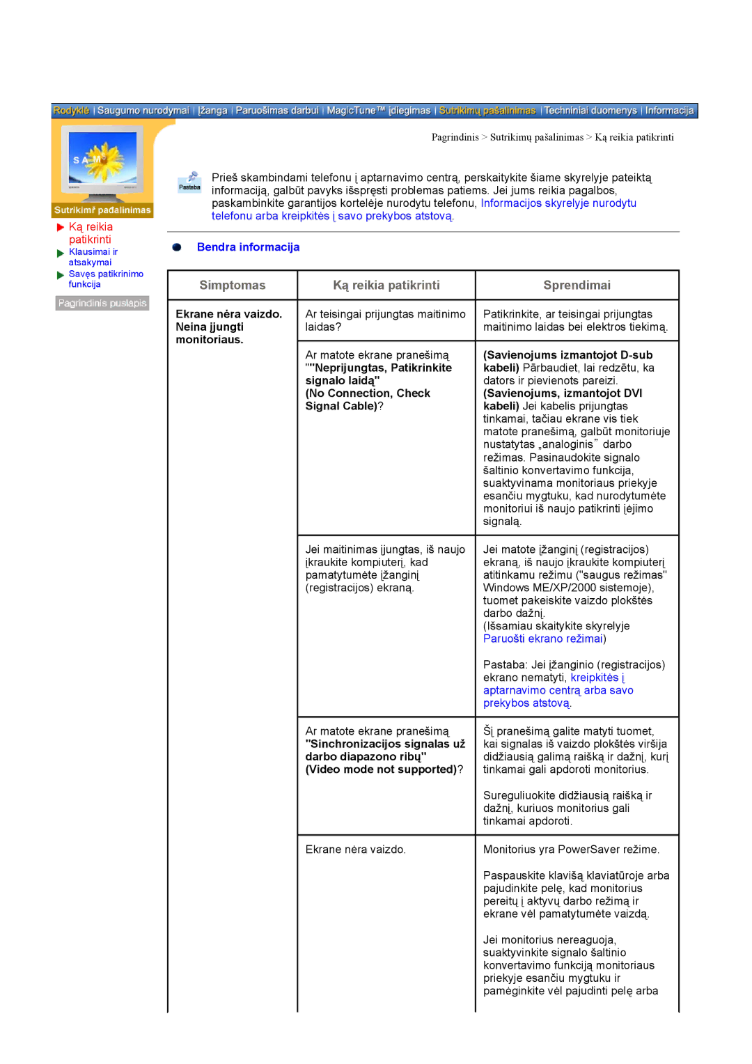 Samsung DI17PSQAQ/EDC manual Ką reikia patikrinti, Neina įjungti laidas? monitoriaus, No Connection, Check Signal Cable? 