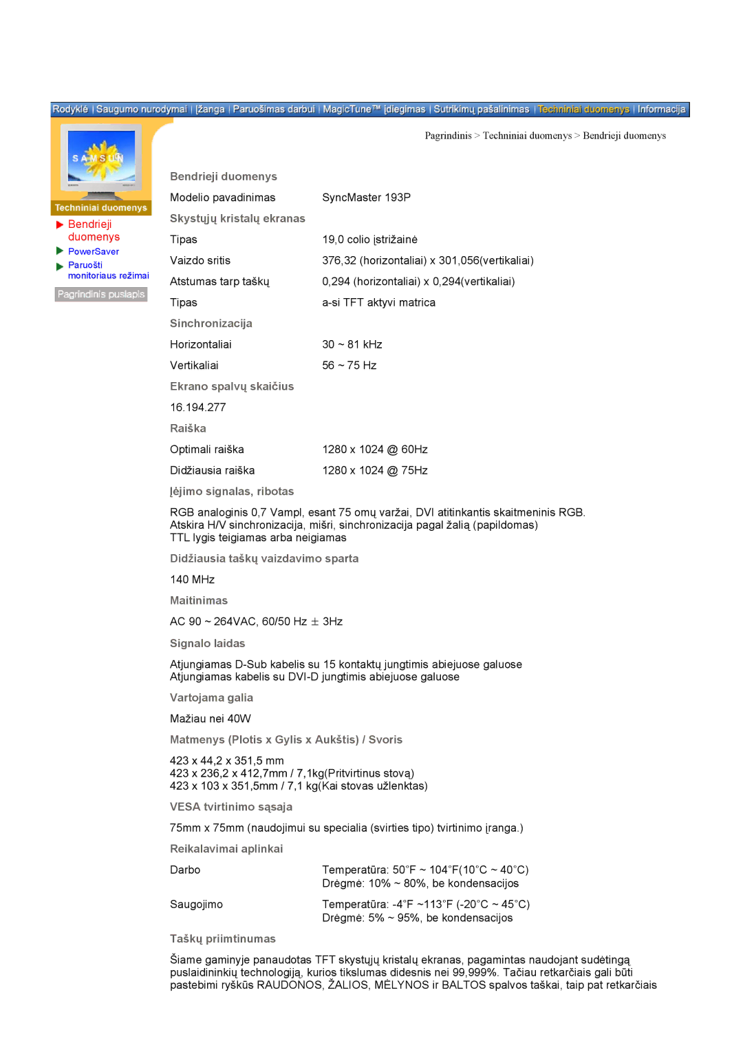 Samsung DI17PSQFV/EDC, DI17PSQRV/EDC, DI17PSQJV/EDC, DI19PSQAQ/EDC, DI17PSQAQ/EDC manual Modelio pavadinimas SyncMaster 193P 