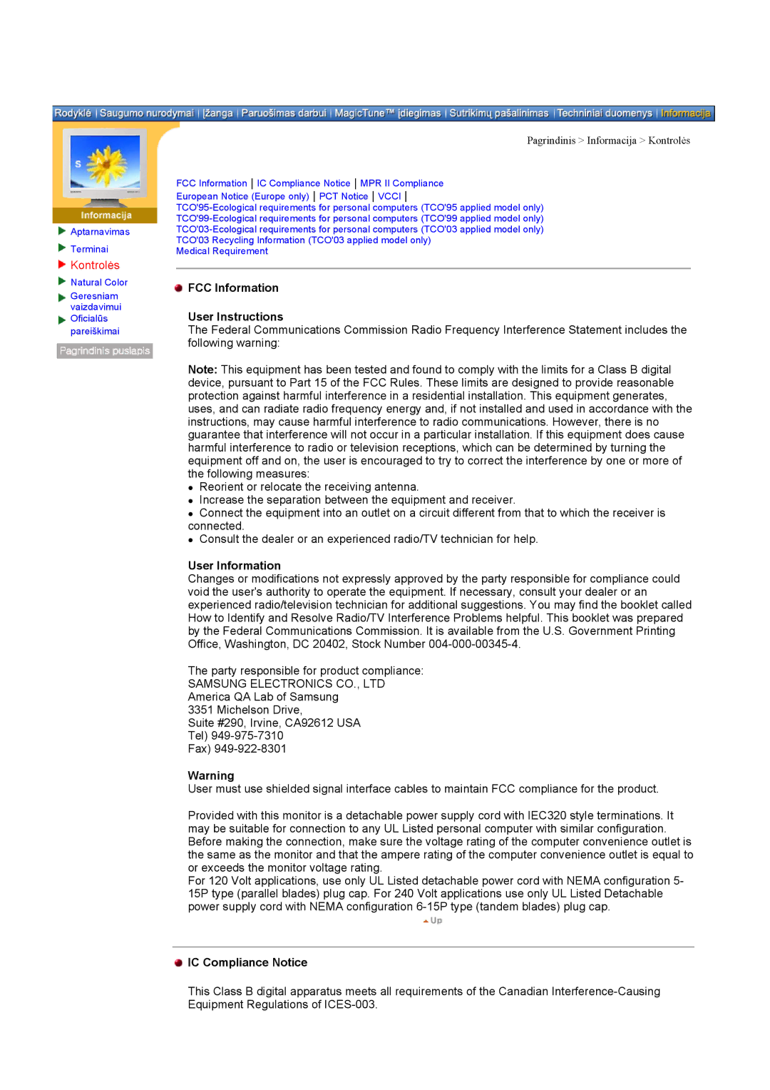 Samsung DI17PSQJV/EDC, DI17PSQRV/EDC Kontrolės, FCC Information User Instructions, User Information, IC Compliance Notice 