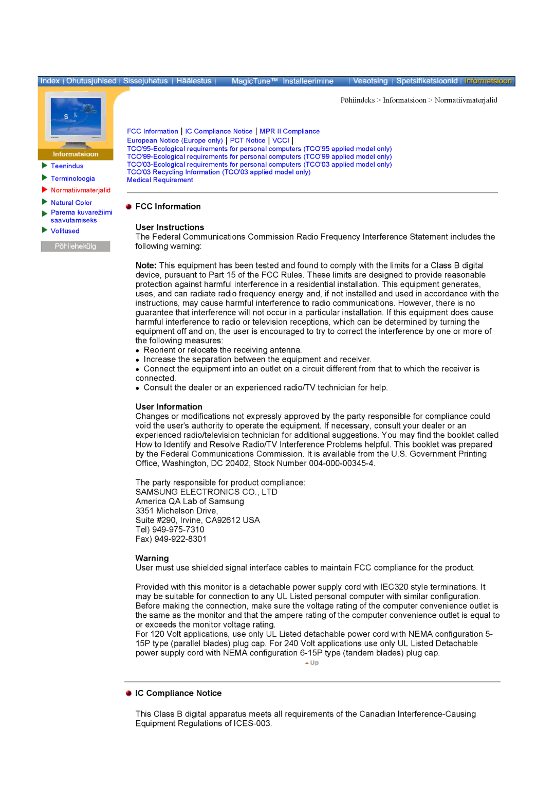 Samsung DI17PSQJV/EDC, DI17PSQRV/EDC manual FCC Information User Instructions, User Information, IC Compliance Notice 