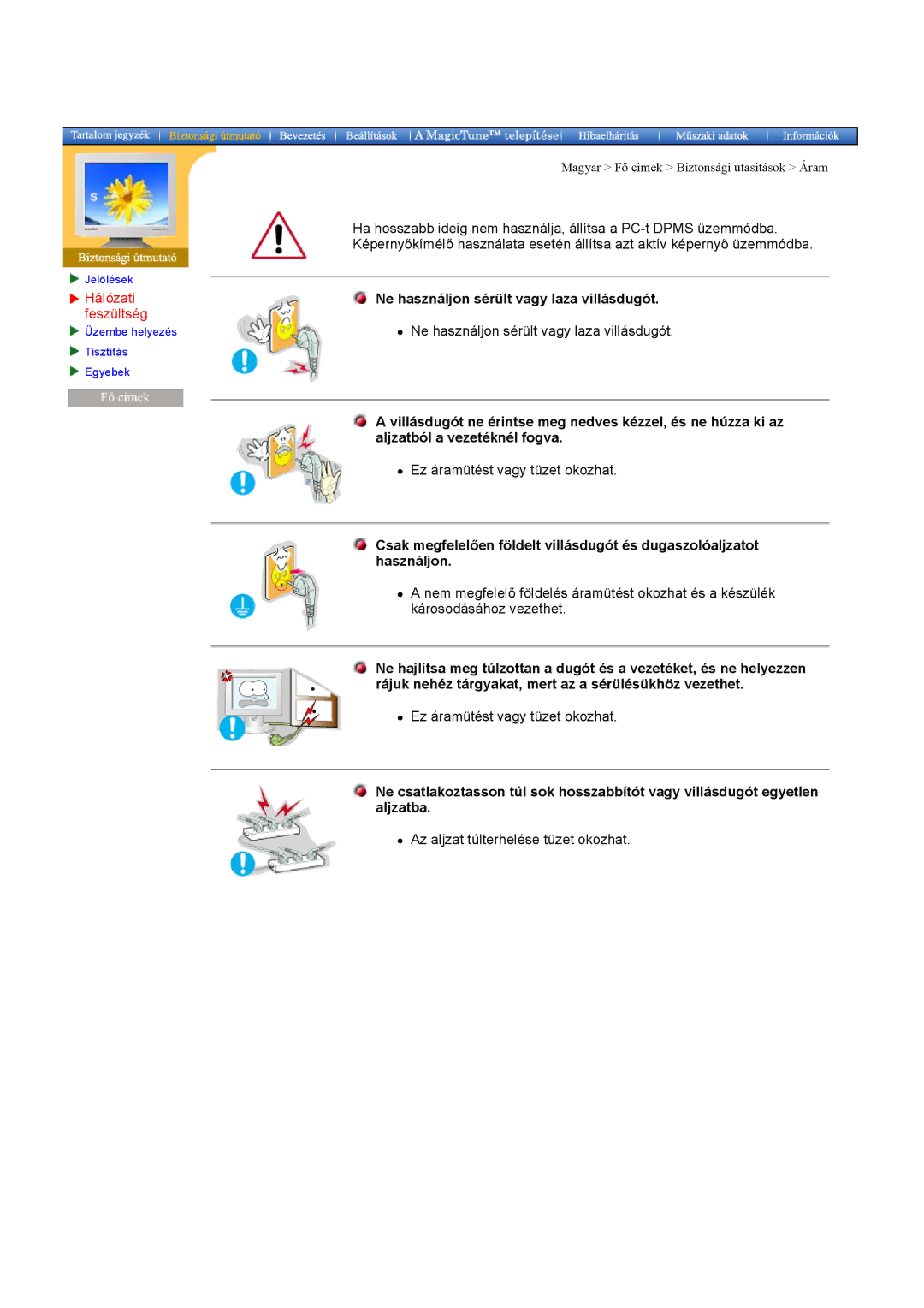 Samsung DI17PSQAQ/EDC manual Hálózati, Ne használjon sérült vagy laza villásdugót, Feszültség, Aljzatból a vezetéknél fogva 