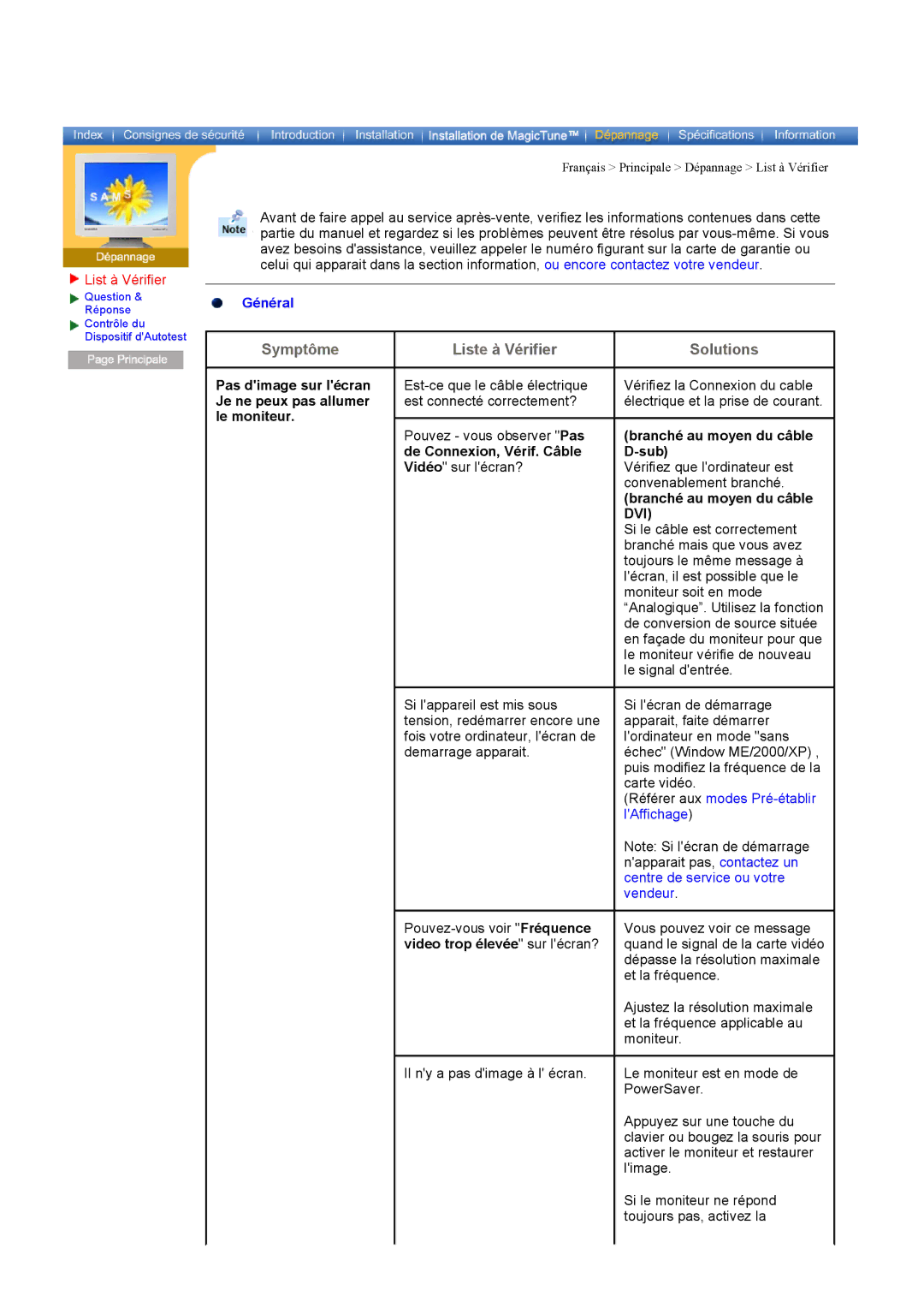 Samsung DI19PSQFV/EDC, DI17PSQRV/EDC manual List à Vérifier, Pas dimage sur lécran Je ne peux pas allumer le moniteur 