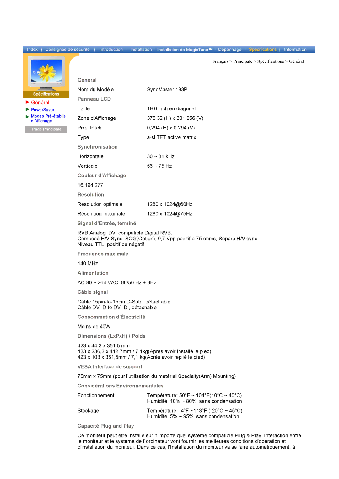 Samsung DI19PSQAQ/EDC, DI17PSQRV/EDC, DI17PSQJV/EDC, DI17PSQFV/EDC, DI19PSQKQ/EDC, DI19PSQRV/EDC Nom du Modèle SyncMaster 193P 