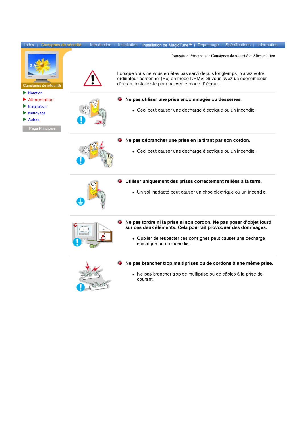 Samsung DI19PSQAQ/EDC, DI17PSQRV/EDC, DI17PSQJV/EDC manual Ne pas utiliser une prise endommagée ou desserrée, Alimentation 