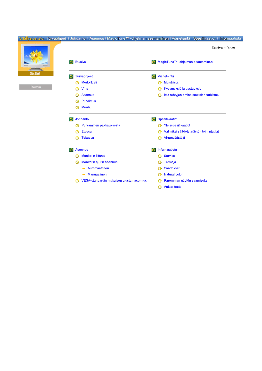 Samsung DI19PSQFV/EDC, DI19PSQAQ/EDC, DI19PSQRV/EDC, DI17PSQAQ/EDC manual Etusivu Index 