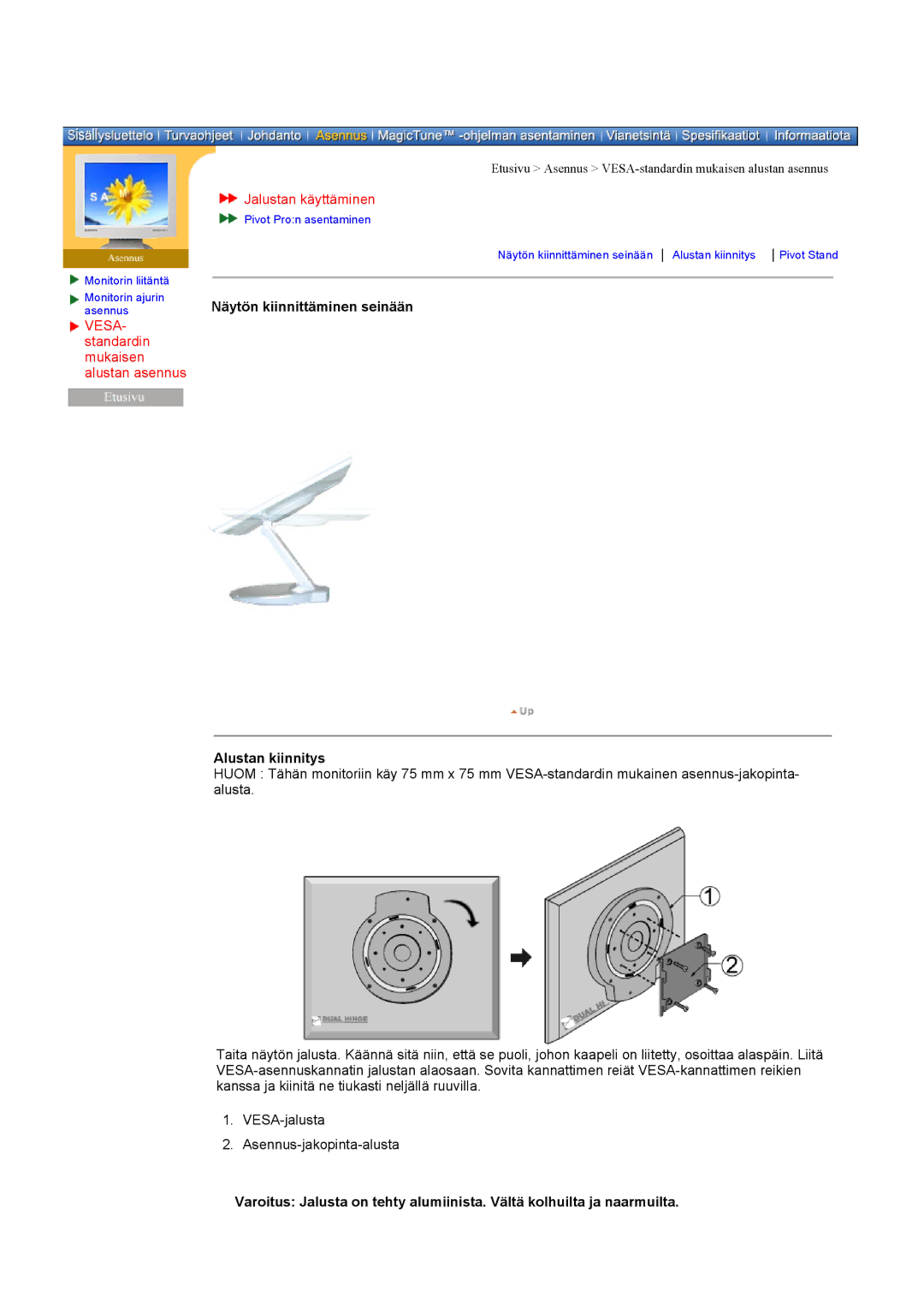 Samsung DI19PSQAQ/EDC, DI19PSQRV/EDC, DI19PSQFV/EDC, DI17PSQAQ/EDC manual Jalustan käyttäminen, Alustan kiinnitys 