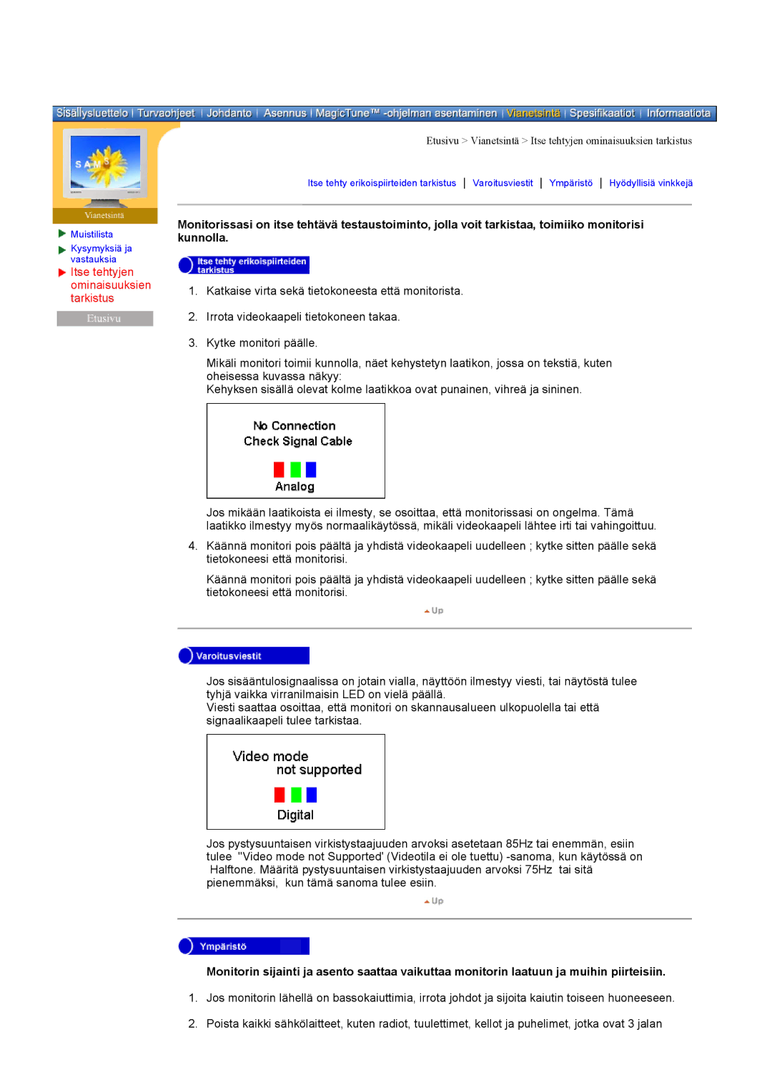 Samsung DI19PSQAQ/EDC, DI19PSQRV/EDC, DI19PSQFV/EDC, DI17PSQAQ/EDC manual Itse tehtyjen ominaisuuksien tarkistus 