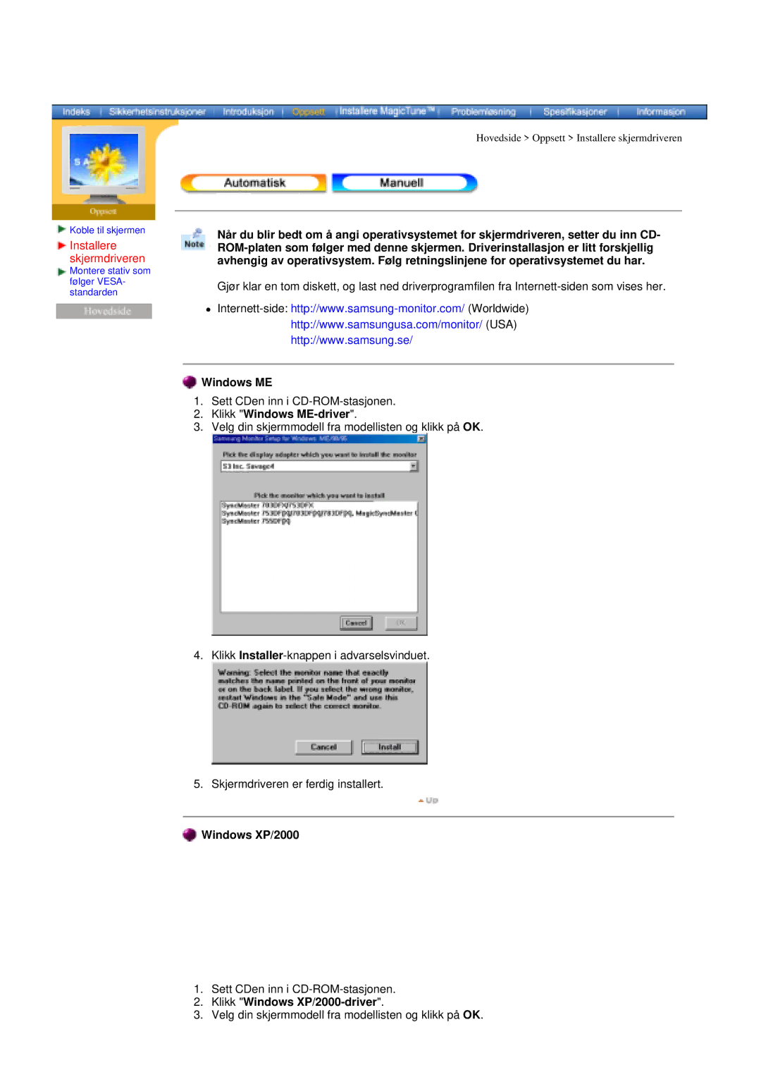 Samsung DI19PSQFV/EDC, DI19PSQAQ/EDC, DI19PSQRV/EDC manual Klikk Windows ME-driver, Klikk Windows XP/2000-driver 