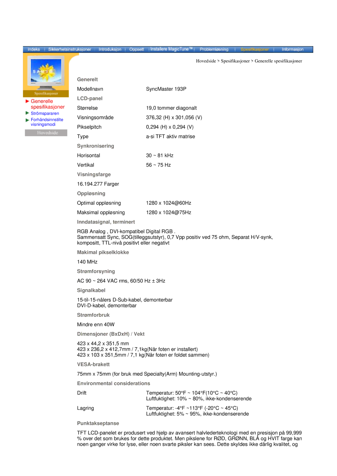 Samsung DI19PSQAQ/EDC, DI19PSQRV/EDC, DI19PSQFV/EDC, DI17PSQAQ/EDC manual Modellnavn SyncMaster 193P 