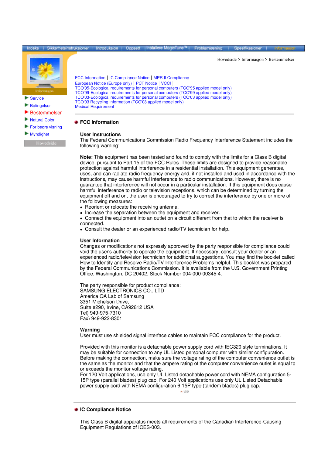 Samsung DI19PSQRV/EDC manual Bestemmelser, FCC Information User Instructions, User Information, IC Compliance Notice 