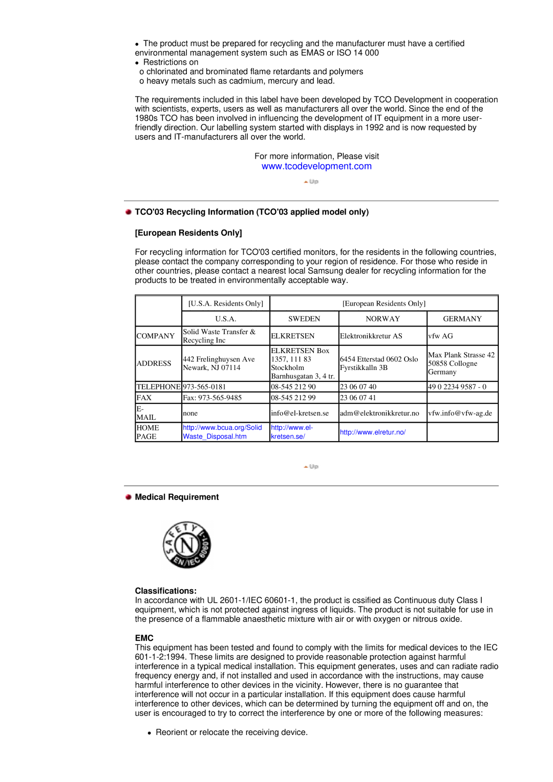 Samsung DI19PSQFV/EDC, DI19PSQAQ/EDC, DI19PSQRV/EDC, DI17PSQAQ/EDC manual Medical Requirement Classifications, Elkretsen 