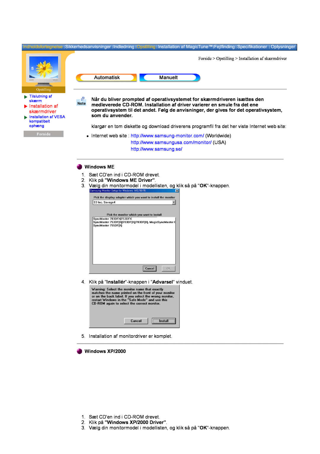Samsung DI19PSQFV/EDC, DI19PSQAQ/EDC manual Installation af skærmdriver, Klik på Windows ME Driver, Windows XP/2000 