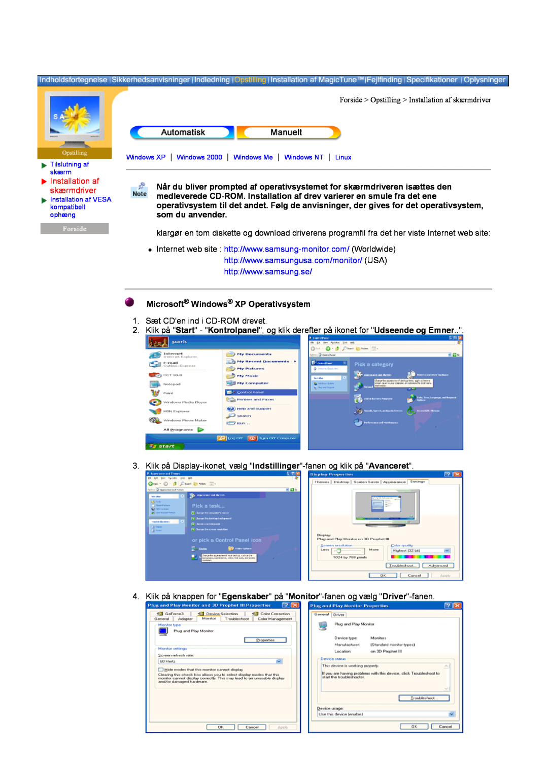 Samsung DI19PSQAQ/EDC, DI19PSQRV/EDC, DI19PSQFV/EDC manual Microsoft Windows XP Operativsystem, Installation af skærmdriver 