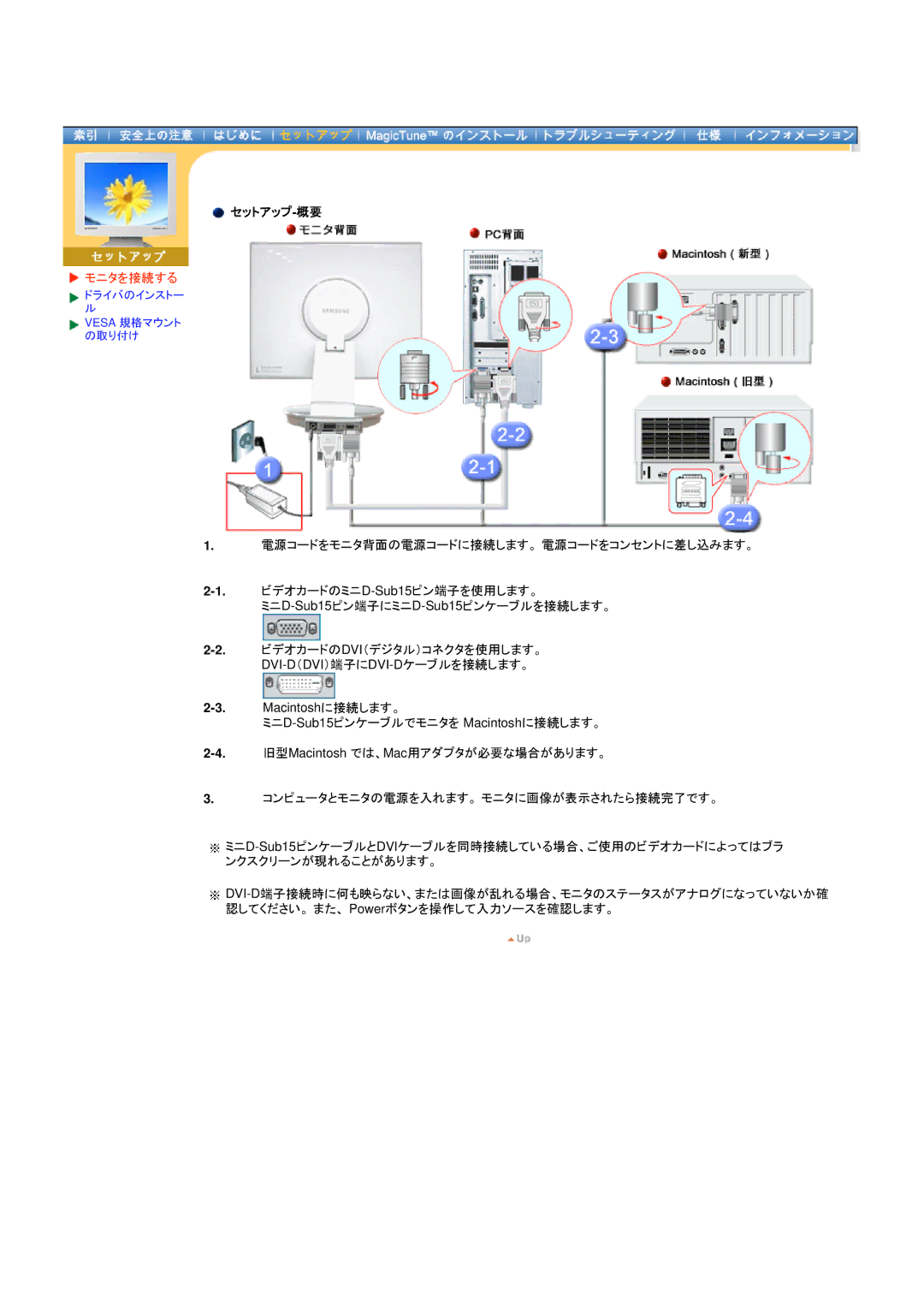 Samsung DI17PSQJV/EDC, DI19PSQRV/XSJ, DI17PSQRV/EDC, DI17PSQFV/EDC, DI19PSQJV/XSJ, DI19PSQFV/XSJ manual セットアップ-概要, モニタを接続する 