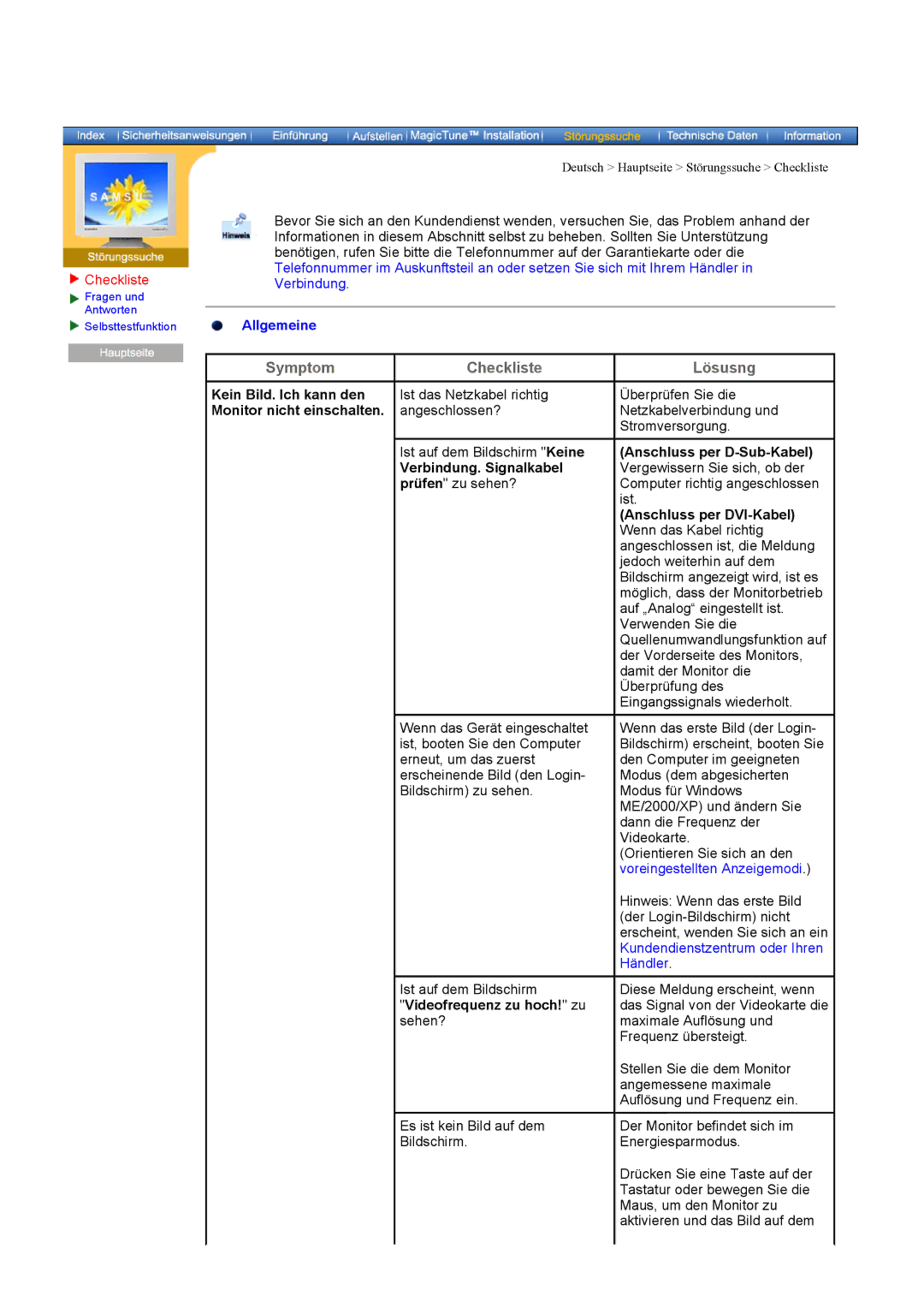 Samsung DI19PSQFV/EDC manual Checkliste, Verbindung. Signalkabel, Prüfen zu sehen?, Videofrequenz zu hoch! zu sehen? 