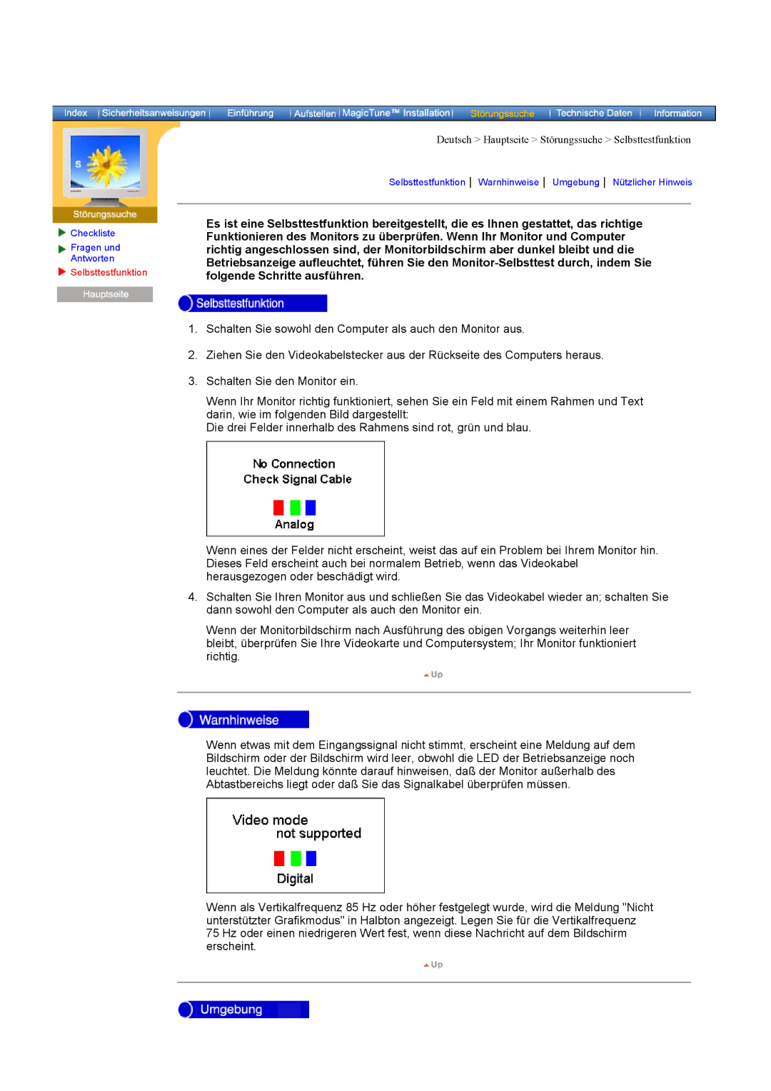 Samsung DI19PSQTV/EDC, DI17PSQRV/EDC, DI17PSQJV/EDC, DI17PSQFV/EDC manual Deutsch Hauptseite Störungssuche Selbsttestfunktion 