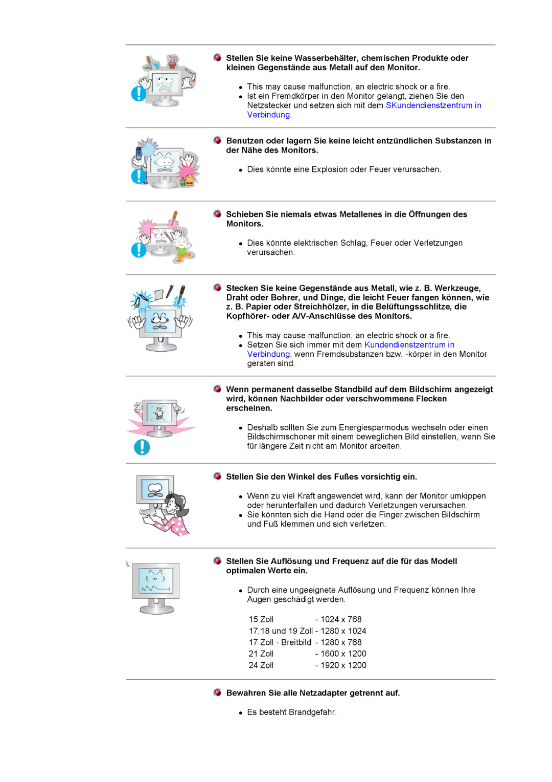 Samsung DI17PSQAQ/EDC manual Stellen Sie den Winkel des Fußes vorsichtig ein, Bewahren Sie alle Netzadapter getrennt auf 