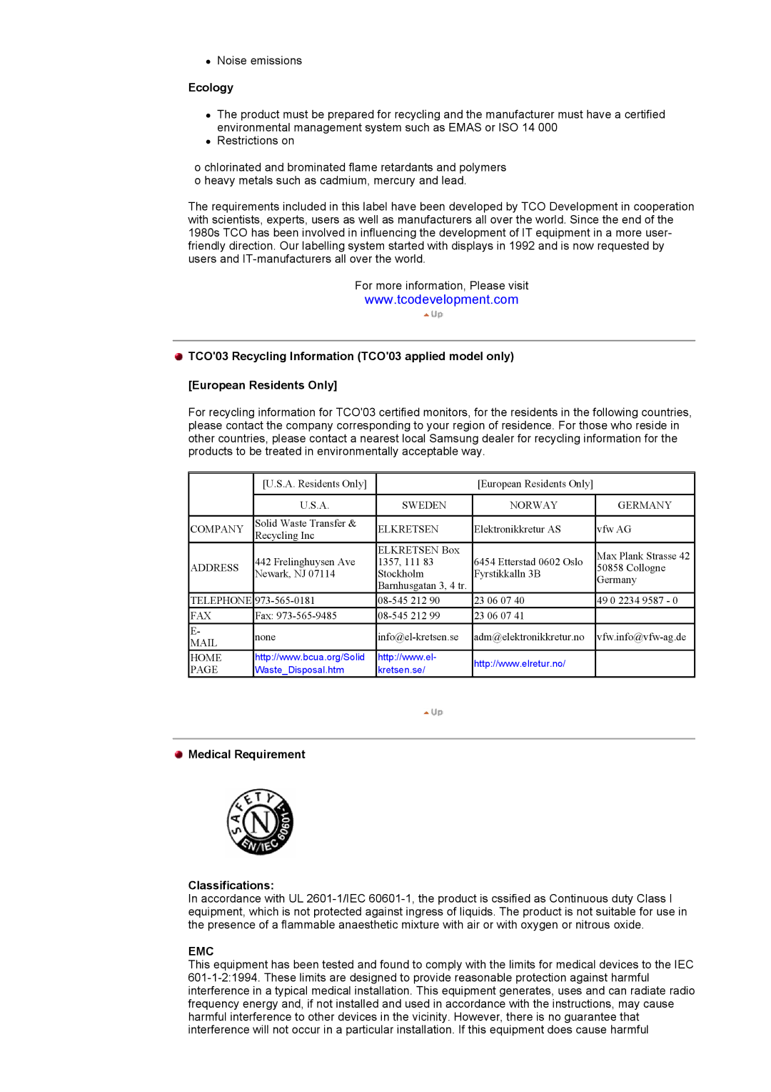 Samsung DI19PSQFV/EDC, DI19PSQTV/EDC, DI17PSQRV/EDC, DI17PSQJV/EDC manual Ecology, Medical Requirement Classifications 