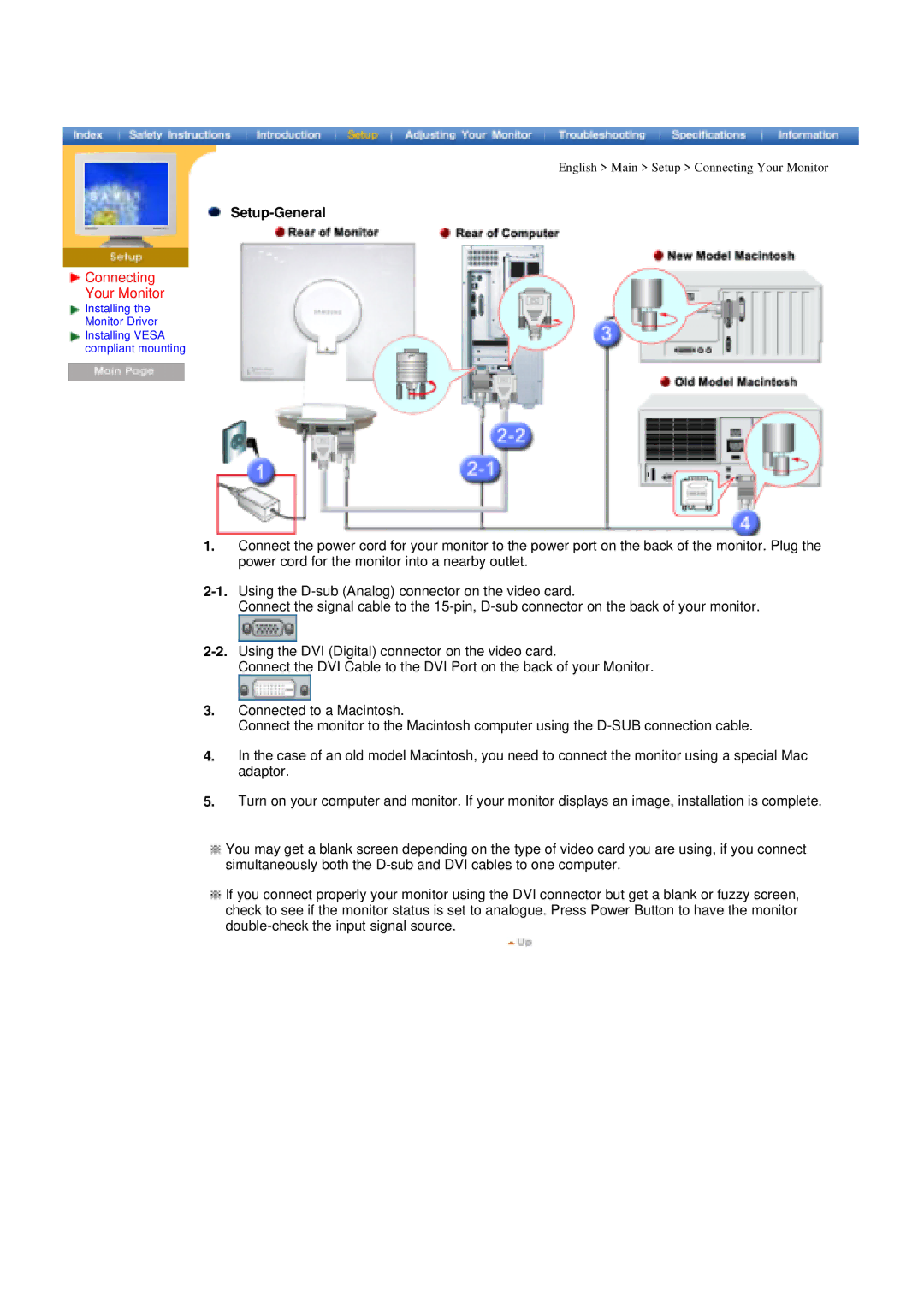 Samsung DI19PSQAQ/EDC, DI19PSQTV/EDC, DI19PSQRV/XSJ, DI17PSQRV/EDC, DI17PSQJV/EDC manual Setup-General, Connecting Your Monitor 