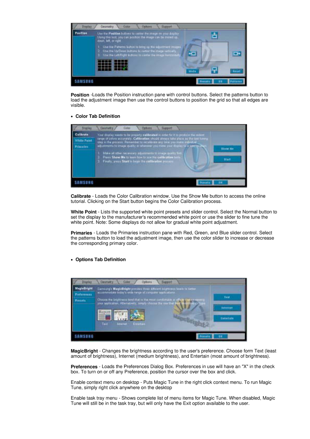 Samsung DI19PSQRV/XSJ, DI19PSQTV/EDC, DI17PSQRV/EDC, DI17PSQJV/EDC, DI17PSQA/EDC Color Tab Definition, Options Tab Definition 