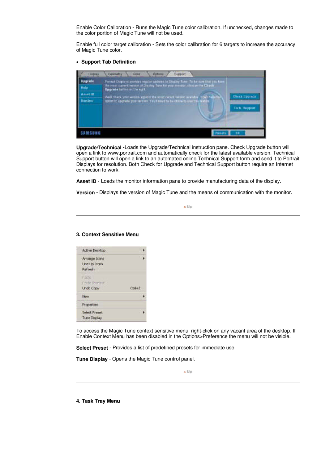 Samsung DI17PSQRV/EDC, DI19PSQTV/EDC, DI19PSQRV/XSJ manual Support Tab Definition, Context Sensitive Menu, Task Tray Menu 