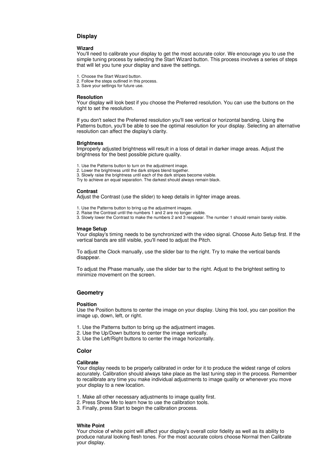 Samsung DI19PSQJV/XSJ manual Wizard, Resolution, Brightness, Contrast, Image Setup, Position, Calibrate, White Point 