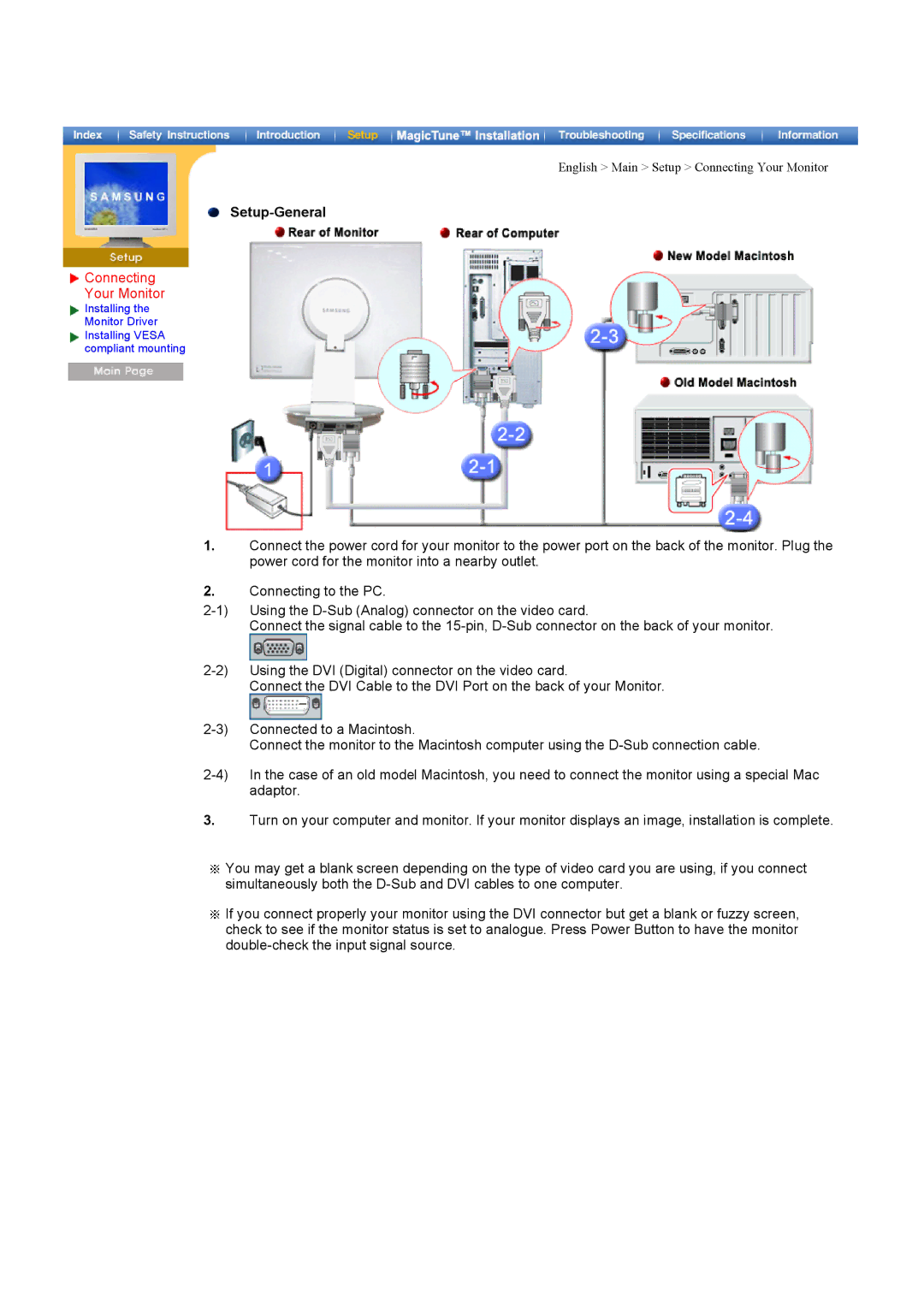 Samsung DI19PSQAQ/EDC, DI19PSQTV/EDC, DI19PSQRV/XSJ, DI17PSQRV/EDC, DI17PSQJV/EDC manual Setup-General, Connecting Your Monitor 