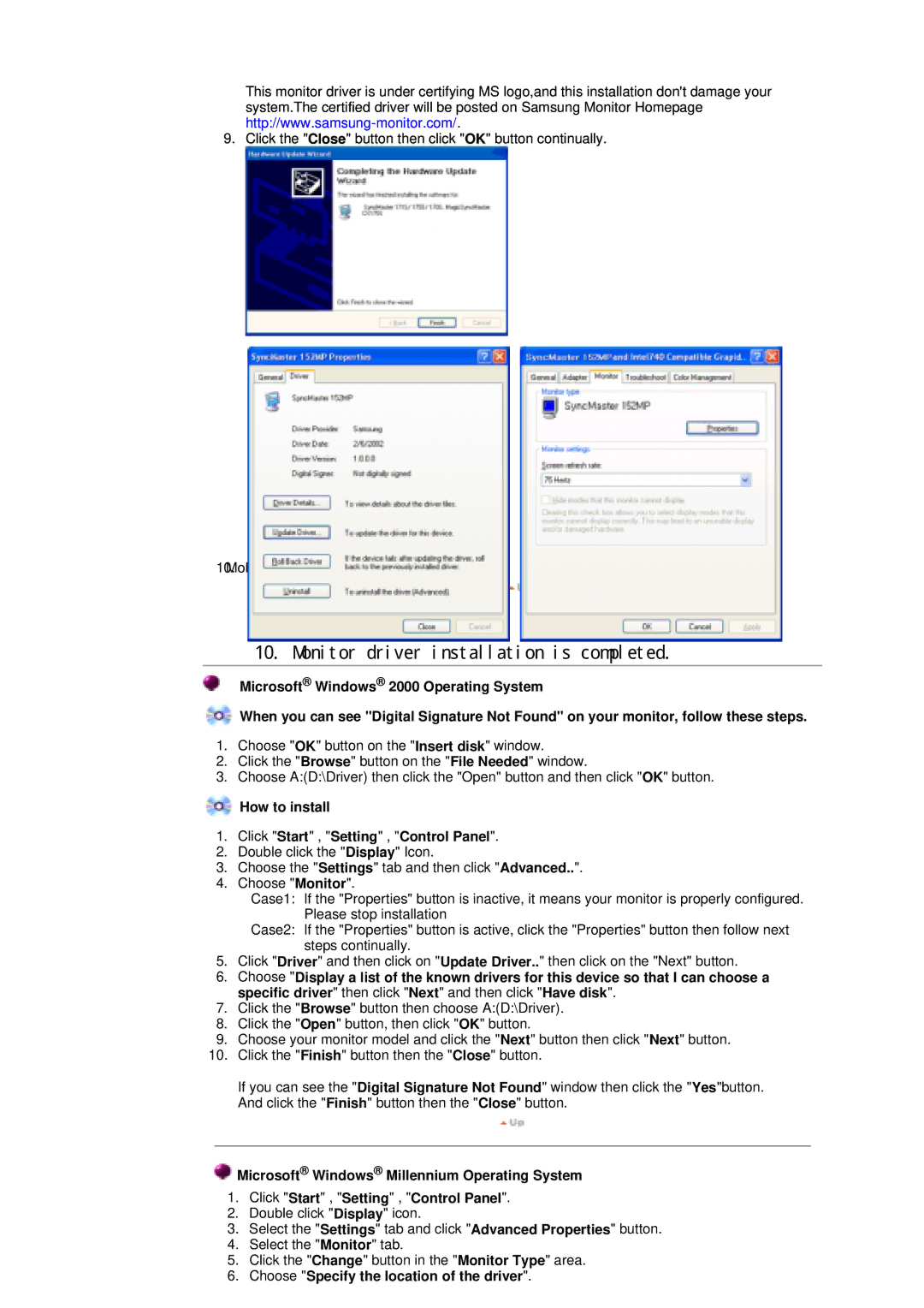 Samsung DI19PSQJV/EDC How to install Click Start , Setting , Control Panel, Choose Specify the location of the driver 