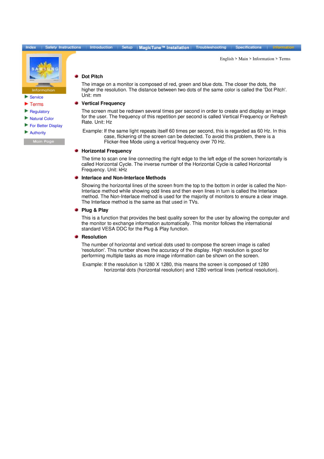 Samsung DI19PSQFV/EDC, DI19PSQTV/EDC manual Terms, Dot Pitch, Interlace and Non-Interlace Methods, Plug & Play, Resolution 