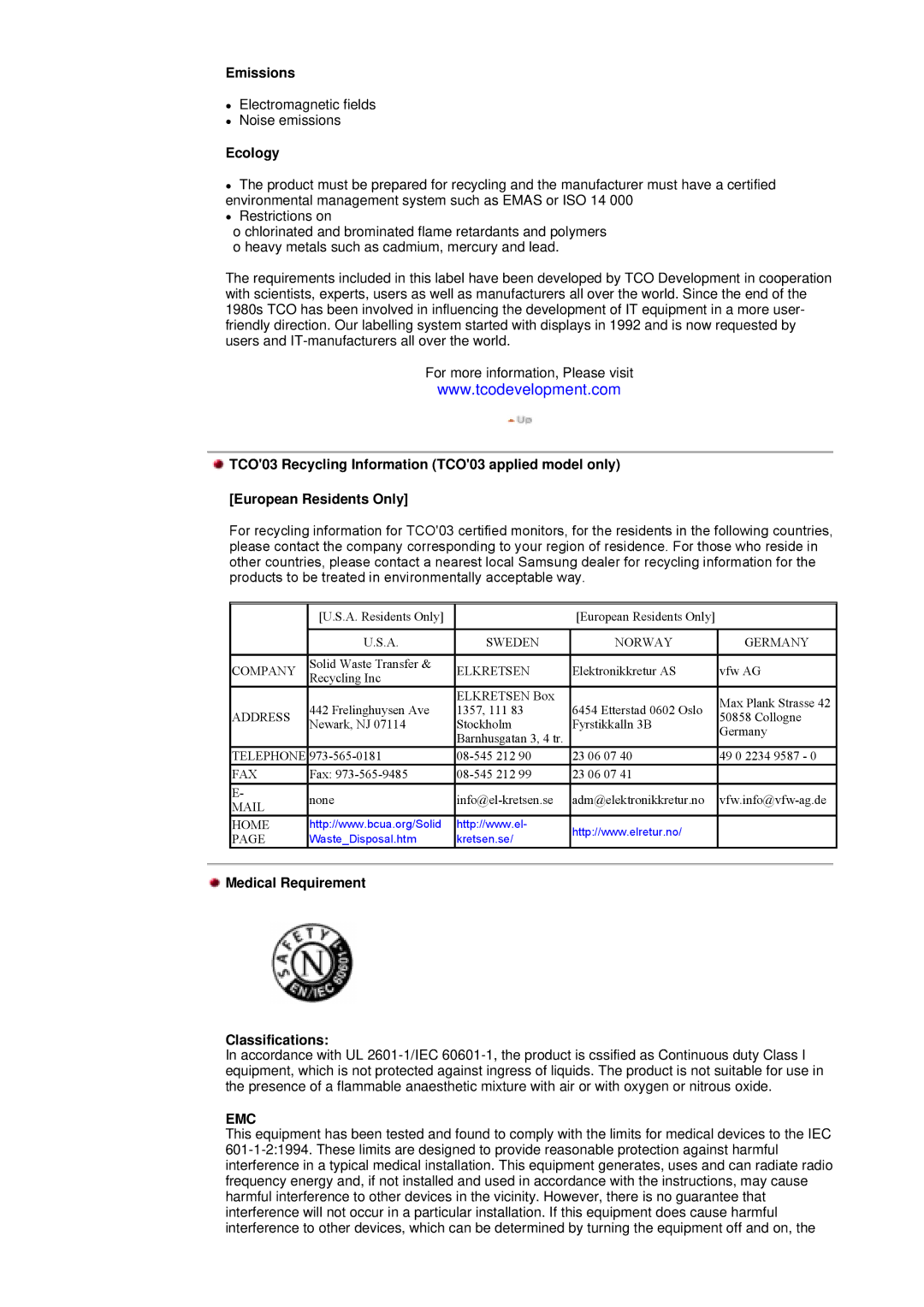 Samsung DI17PSQRV/VNT, DI19PSQTV/EDC, DI19PSQRV/XSJ, DI17PSQRV/EDC Emissions, Ecology, Medical Requirement Classifications 