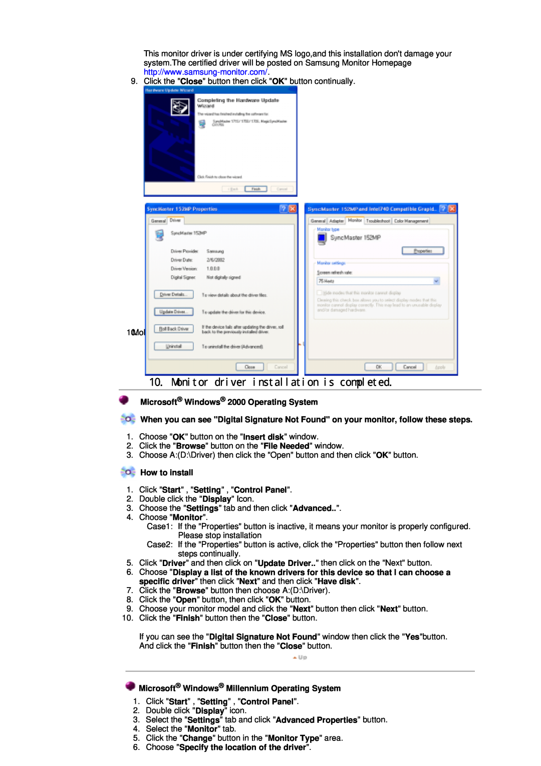 Samsung DI19PSQJV/EDC Microsoft Windows 2000 Operating System, How to install 1. Click Start , Setting , Control Panel 