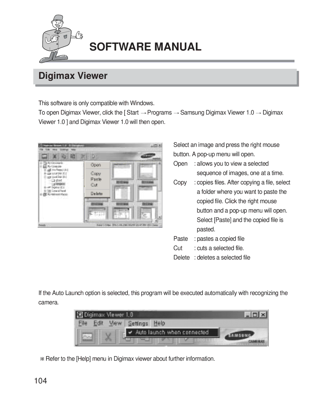 Samsung Digimax 101 Digimax Viewer, Open Allows you to view a selected, Copy, Copied file. Click the right mouse, Pasted 