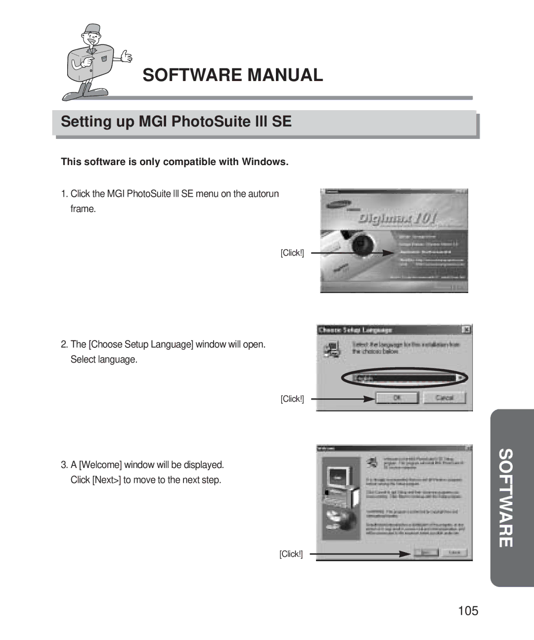 Samsung Digimax 101 manual Setting up MGI PhotoSuite lll SE, Click the MGI PhotoSuite lll SE menu on the autorun frame 