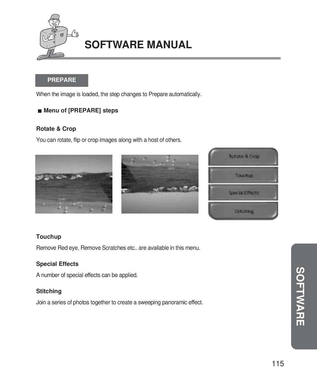 Samsung Digimax 101 manual Menu of Prepare steps Rotate & Crop, Touchup, Special Effects, Stitching 