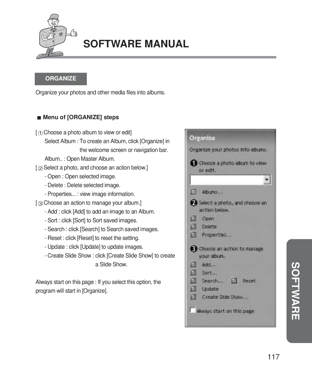 Samsung Digimax 101 manual Menu of Organize steps, Choose a photo album to view or edit 