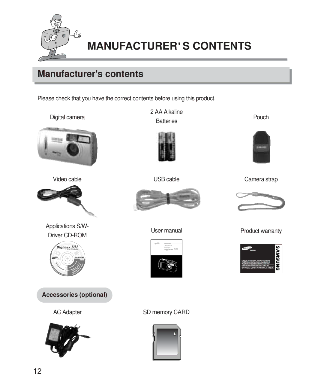 Samsung Digimax 101 manual Manufacturer S Contents 