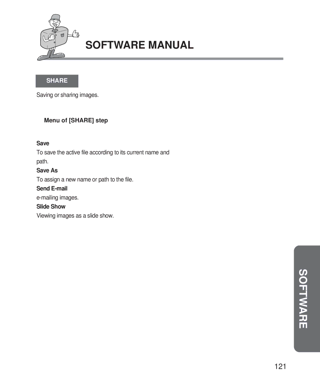 Samsung Digimax 101 manual Menu of Share step Save, Save As, Send E-mail, Slide Show 