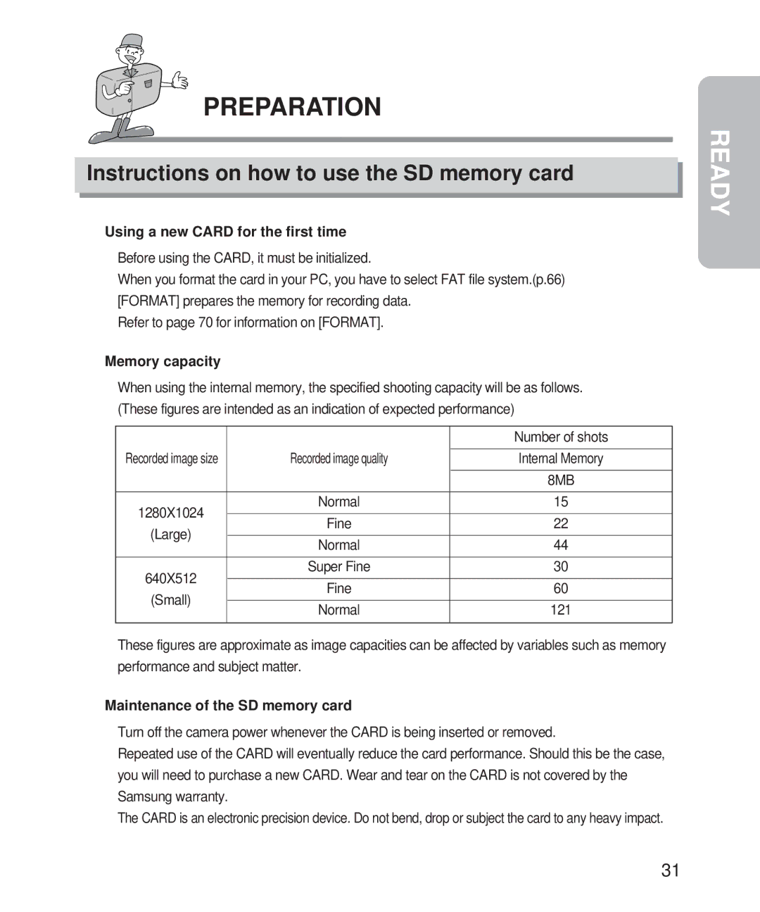 Samsung Digimax 101 Instructions on how to use the SD memory card, Using a new Card for the first time, Memory capacity 