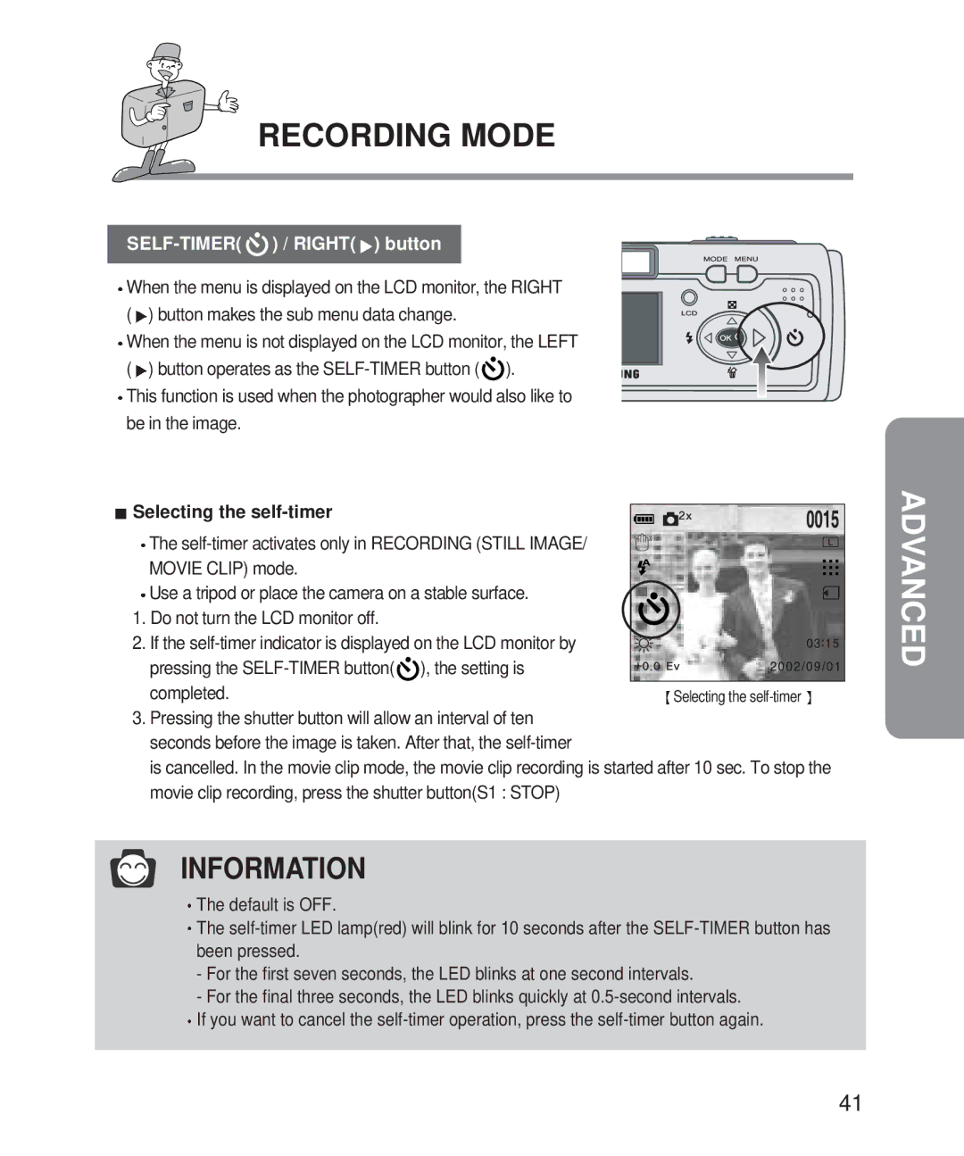 Samsung Digimax 101 manual SELF-TIMER / Right button, Selecting the self-timer 