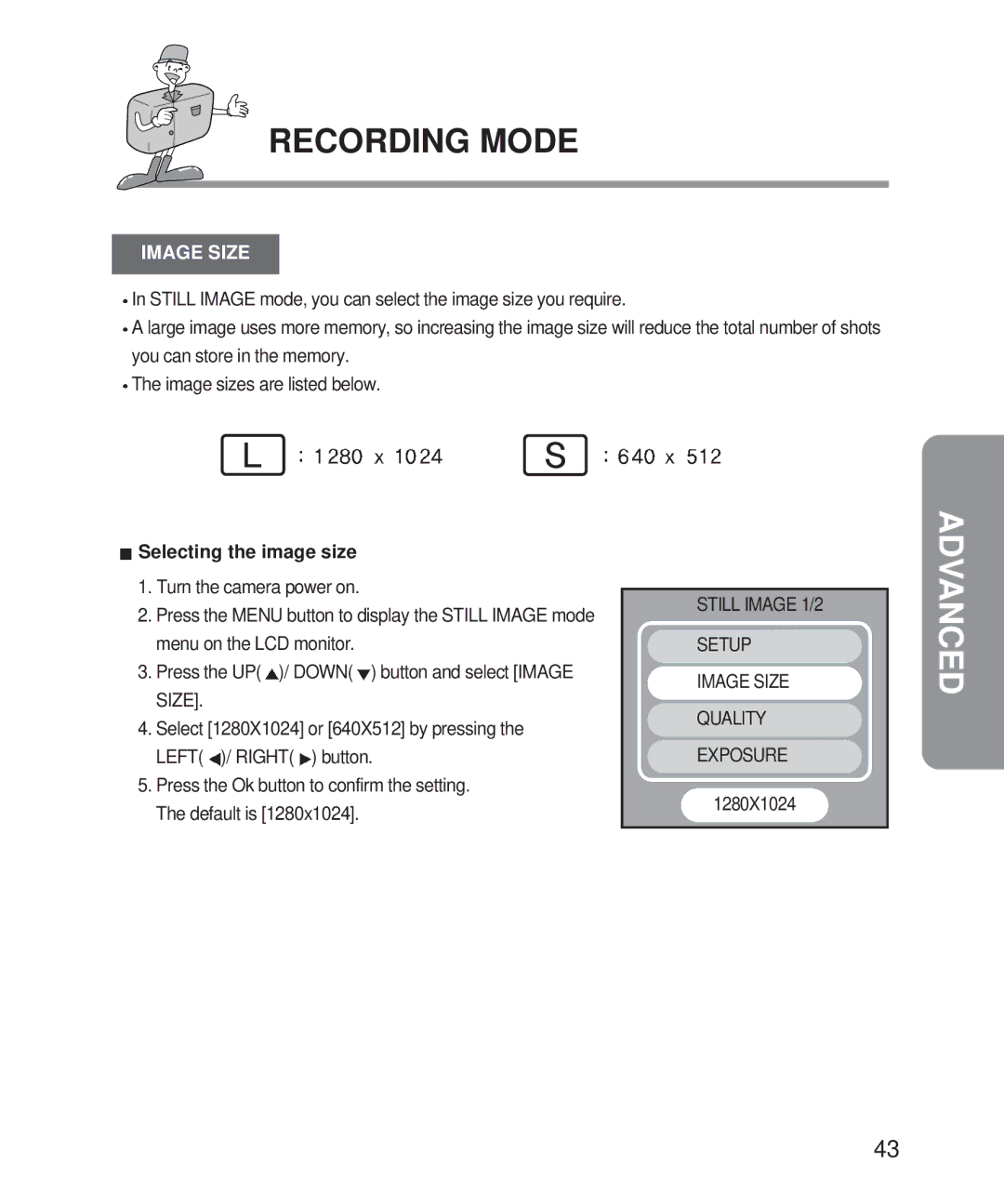 Samsung Digimax 101 manual Selecting the image size, Still Image 1/2 Setup Image Size Quality Exposure, 1280X1024 