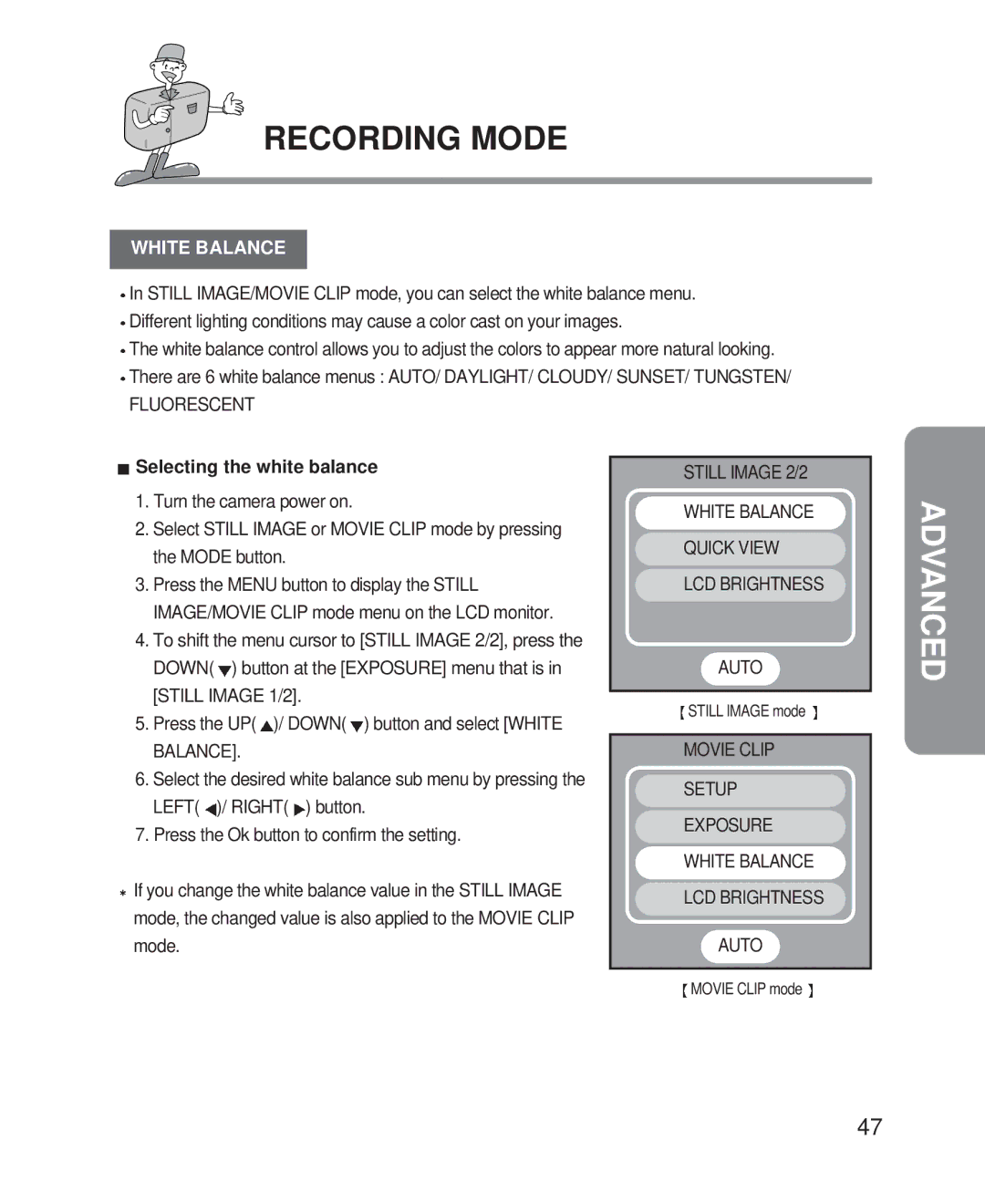 Samsung Digimax 101 manual White Balance, Selecting the white balance 