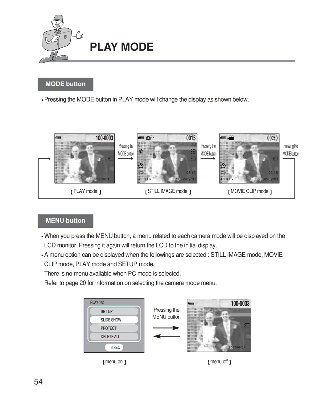 Samsung Digimax 101 manual Mode button Play mode 