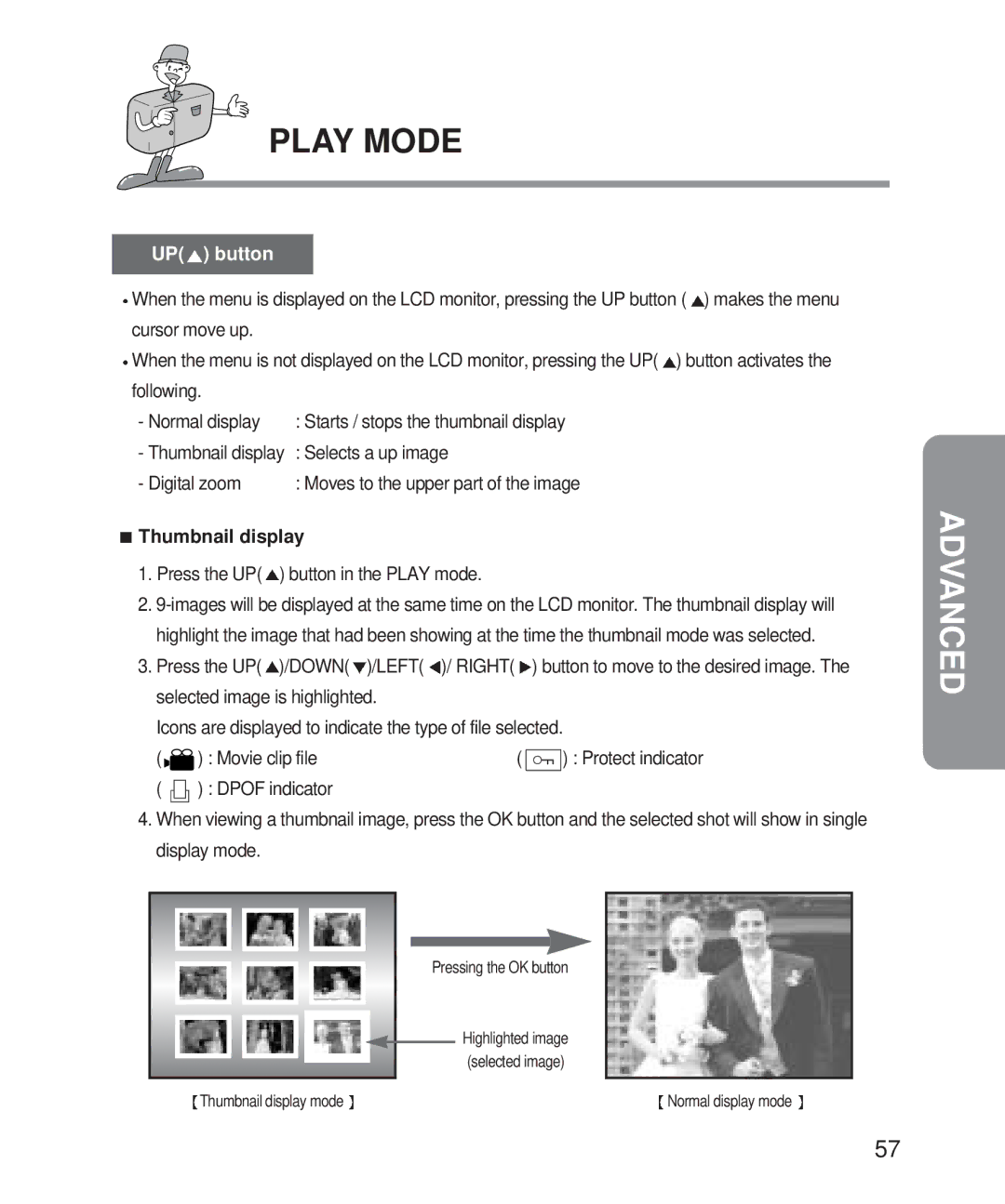 Samsung Digimax 101 manual Selects a up image, Digital zoom, Thumbnail display, Press the UP button in the Play mode 