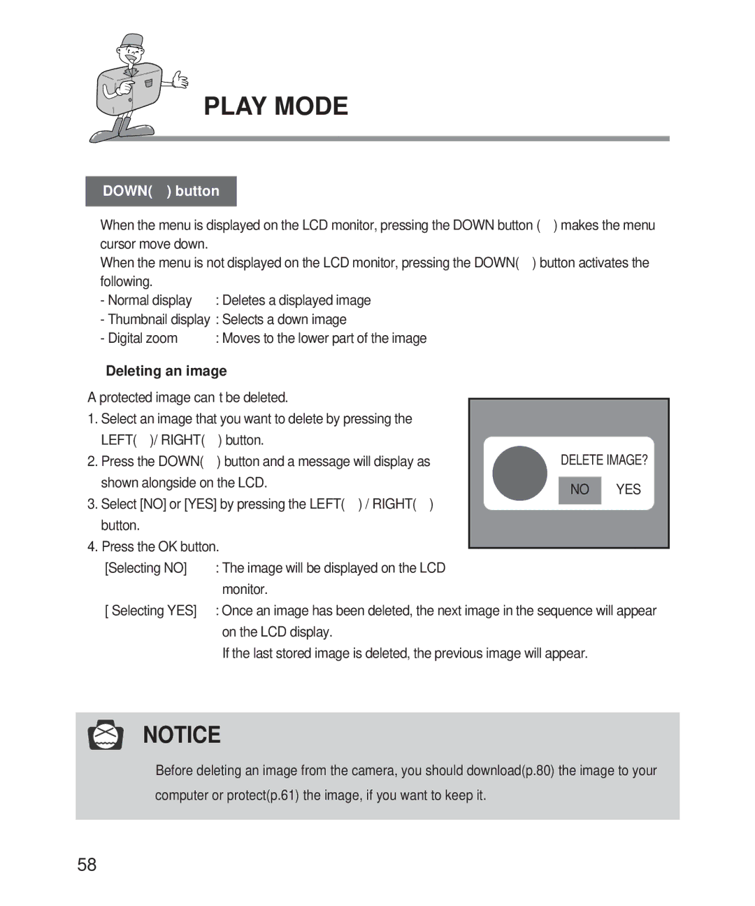 Samsung Digimax 101 manual Deleting an image, Delete IMAGE? No YES, On the LCD display 