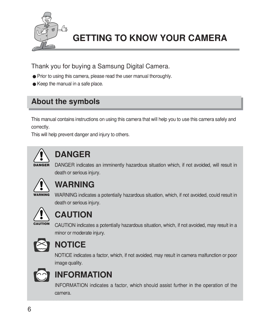 Samsung Digimax 101 Getting to Know Your Camera, About the symbols, Keep the manual in a safe place 